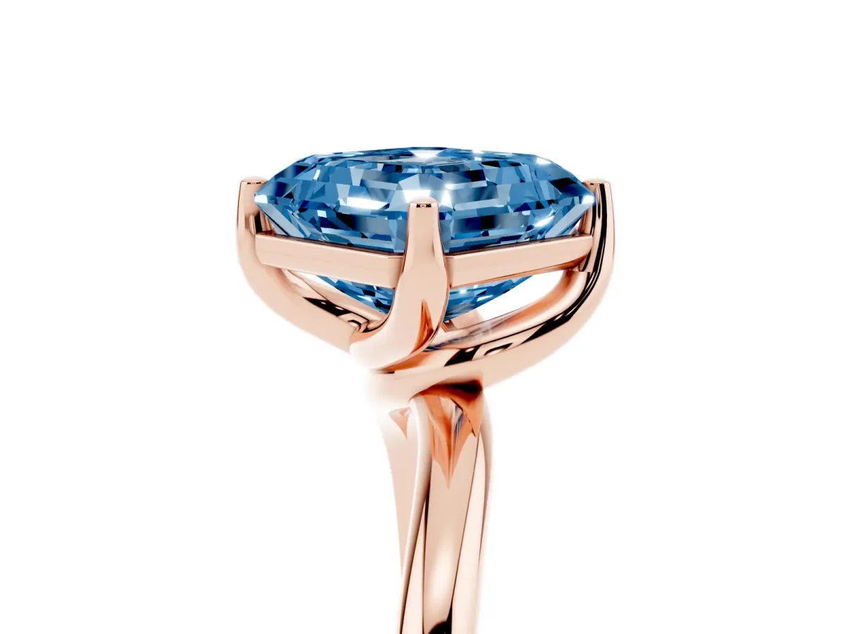 Fancy Blue Asscher Cut Diamond Solitaire Engagement Ring with Four-Prong Setting and Classic Band Rose gold