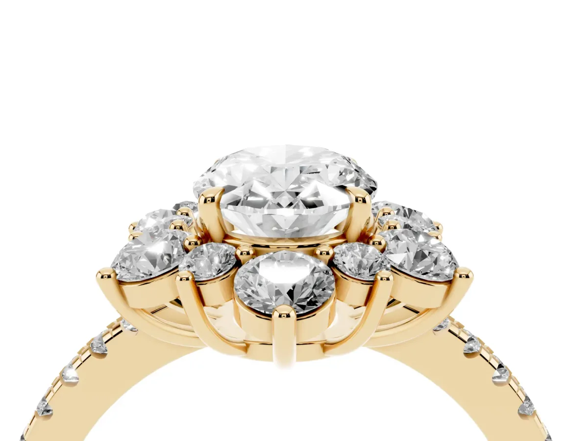 Oval Cut Diamond Floral Halo Ring with Round Pavé Band and Prong Setting Yellow gold