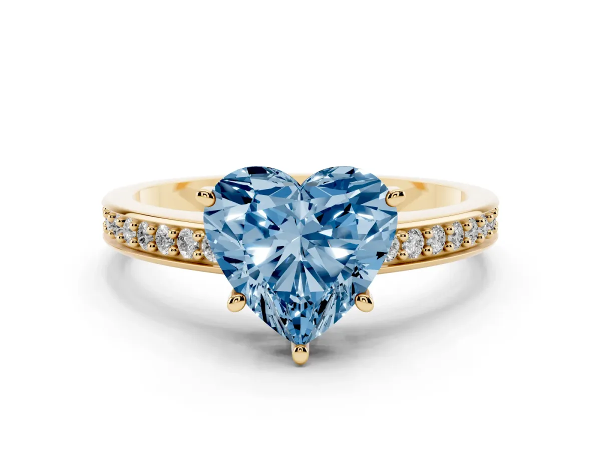Fancy Blue Heart Cut Solitaire Pavé Band Prong Setting Ring Yellow gold