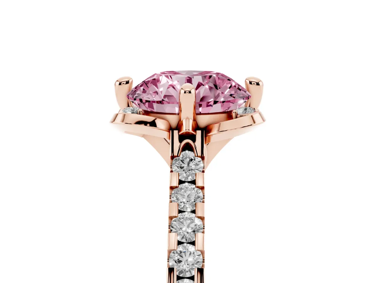 Fancy Pink Round Cut Diamond Ring with Pavé Band and Floral Prong Setting Rose gold