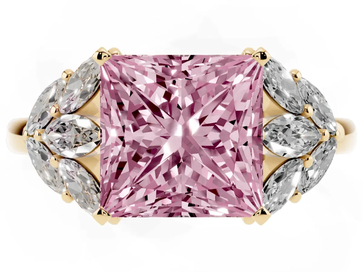 Fancy Pink Princess Cut Diamond Cluster Leaf Design Ring with Prong Setting Yellow gold