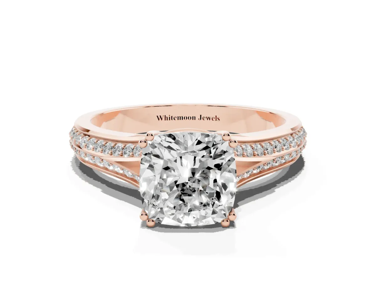 Cushion Cut Diamond Split Shank Engagement Ring with Pavé Band Rose gold