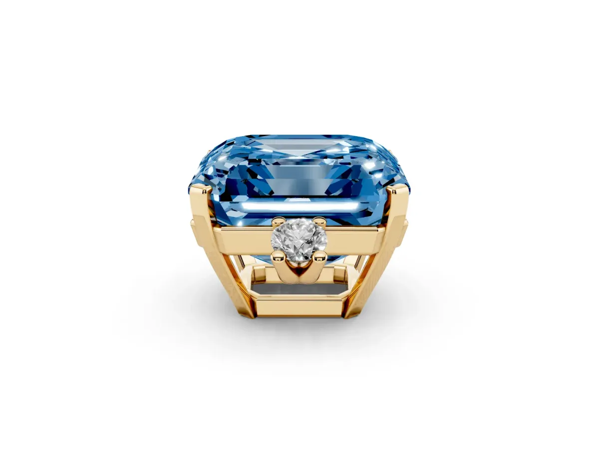 Fancy Blue Asscher Cut Cut Three-Stone Solitaire Ring with Round Accent Diamonds and Four-Prong Setting Yellow gold