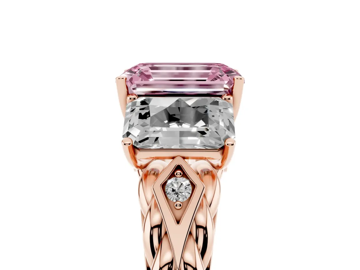 Fancy Pink Three-Stone Emerald Cut Diamond Braided Band Ring with Four-Prong Setting Rose gold