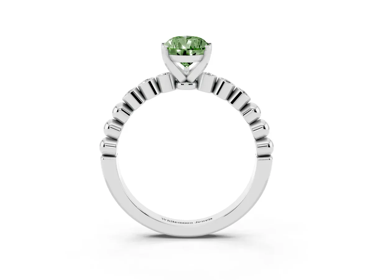 Fancy Green Pear Cut Solitaire Bezel Accent Diamond Engagement Ring with Beaded Band and Four-Prong Setting Platinum