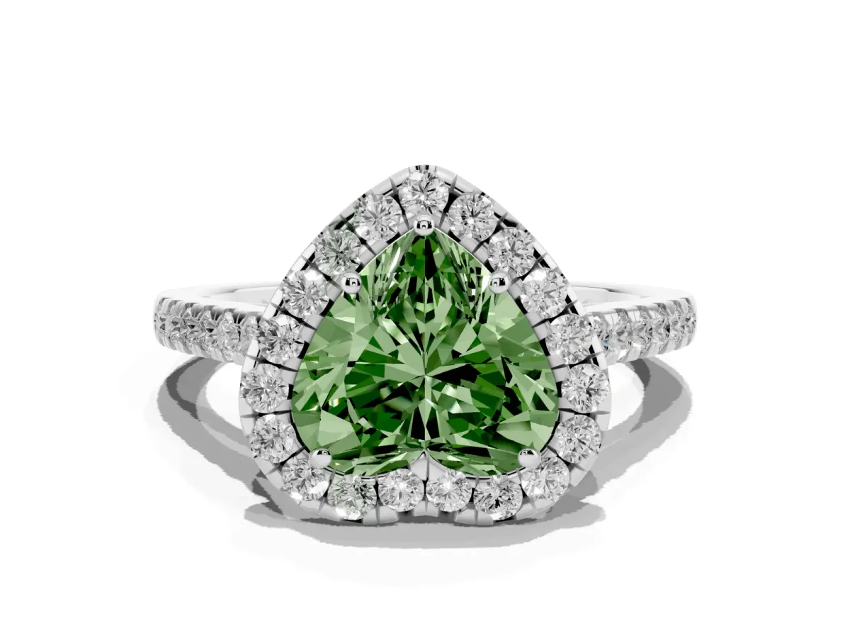 Fancy Green Heart Cut Halo Pave Diamond Engagement Ring with Four-Prong Setting Platinum