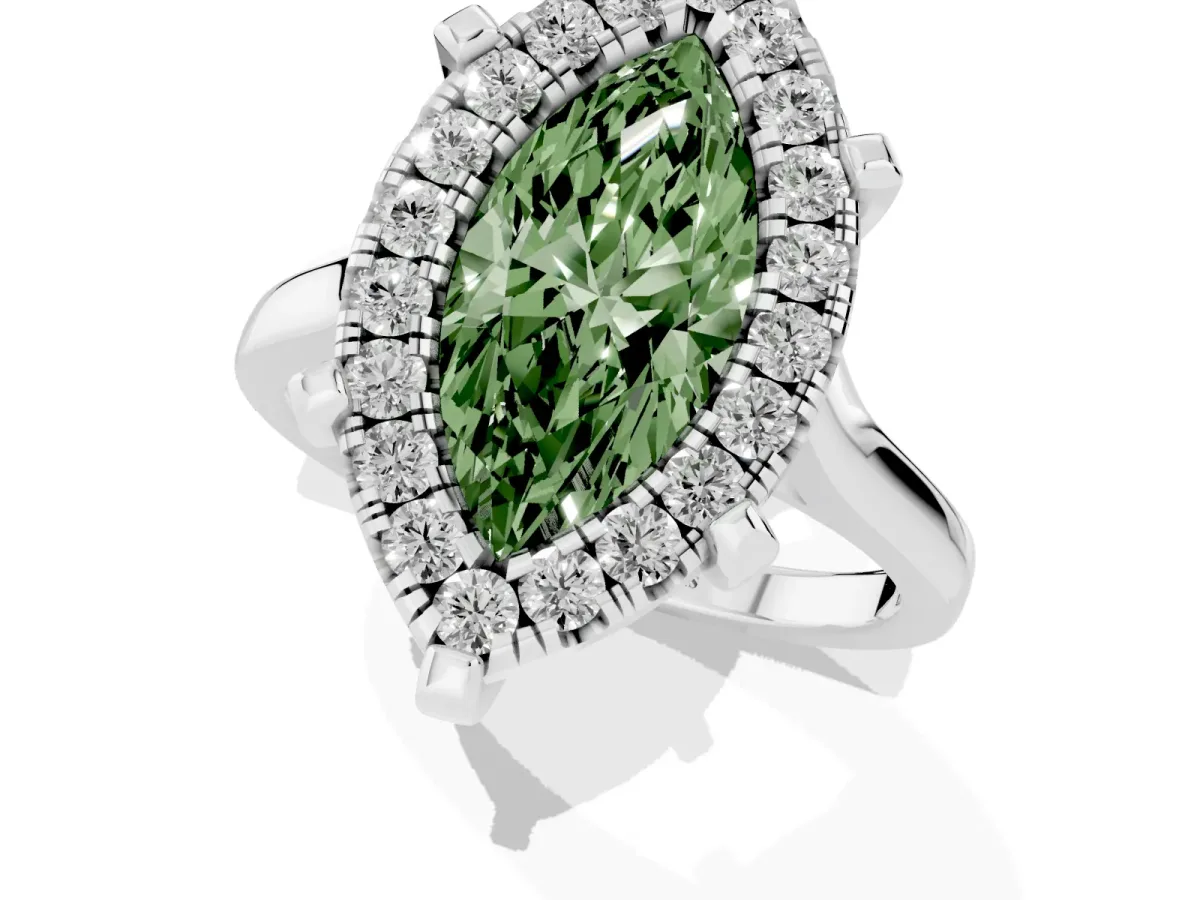 Fancy Green Marquise Cut Diamond Cluster Halo Solitaire with Four-Prong Setting Silver
