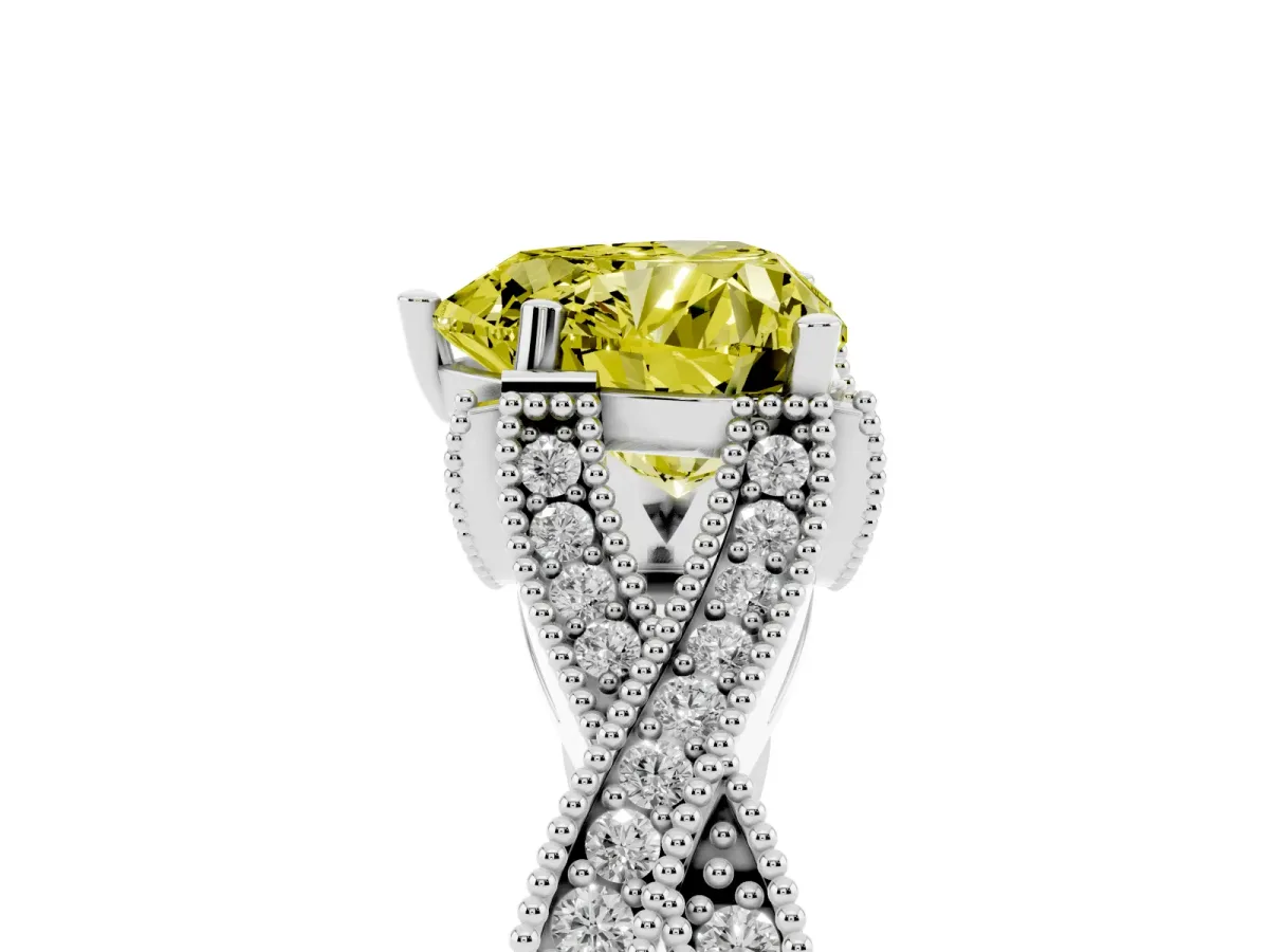 Fancy Yellow Heart Cut Cut Diamond Twisted Band with Milgrain Pave Setting and Four-Prong Setting White gold