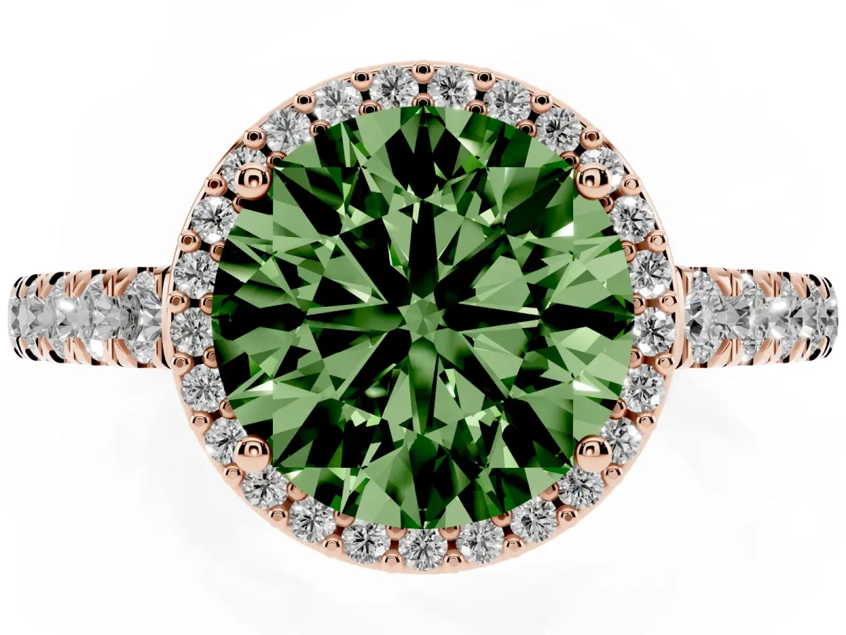 Fancy Green Round Cut Cut Halo Diamond Engagement Ring with Pave Band and Four-Prong Setting Rose gold