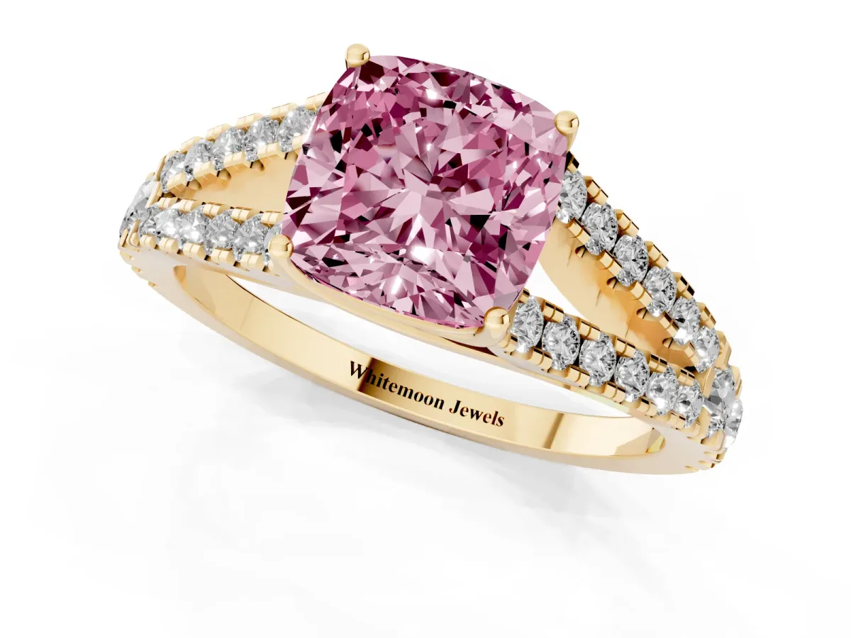 Fancy Pink Cushion Cut Diamond Split Shank Engagement Ring with Round Pavé and Prong Setting Yellow gold
