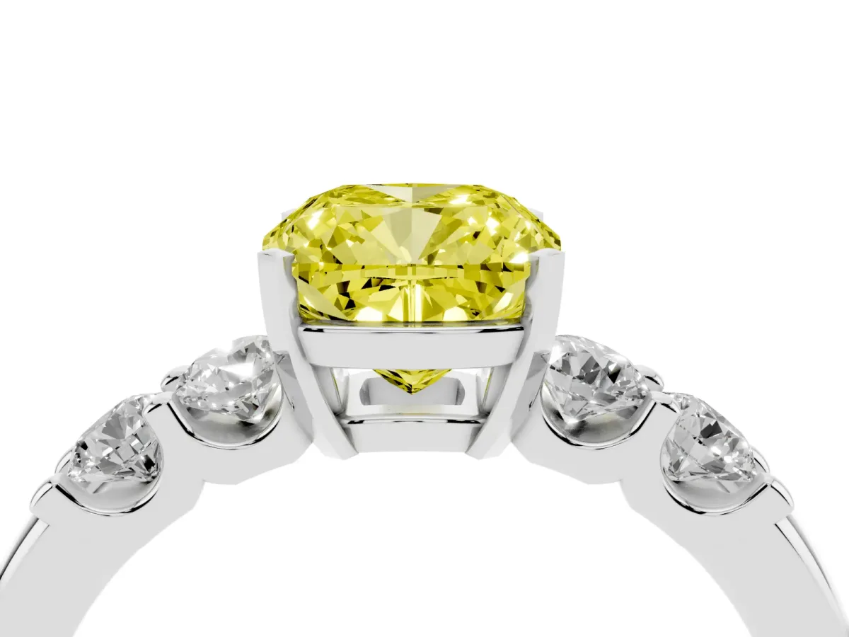 Fancy Yellow Cushion Cut Brilliant Cut Diamond Five-Stone Prong Set Engagement Ring with Channel Band Platinum