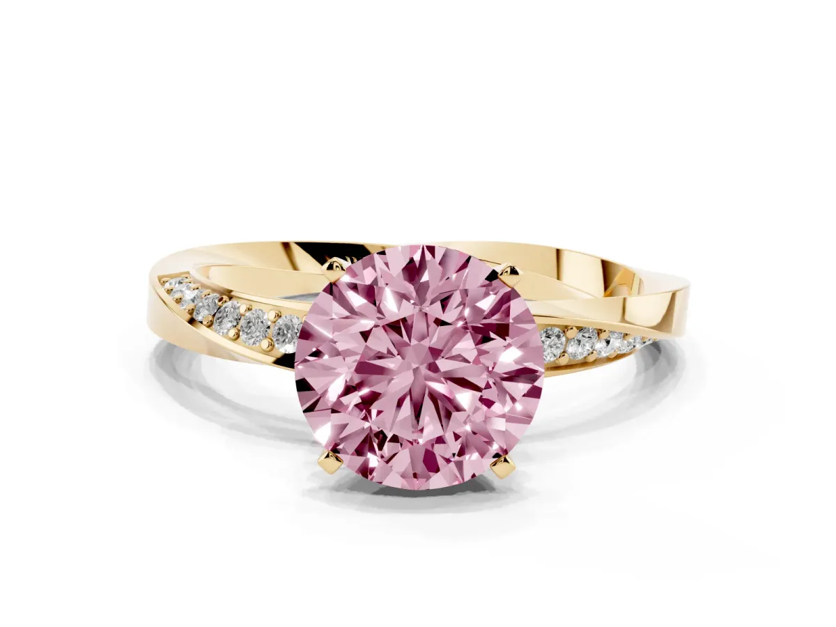 Fancy Pink Round Cut Diamond Engagement Ring with Side Stone Accents and Four-Prong Setting Yellow gold