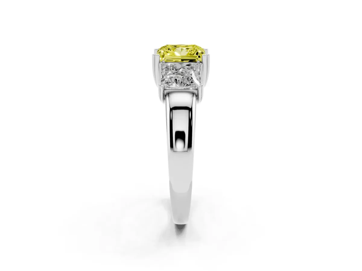 Fancy Yellow Three-Stone Princess Cut Cut Diamond Ring with Channel Set Band and Four-Prong Setting White gold