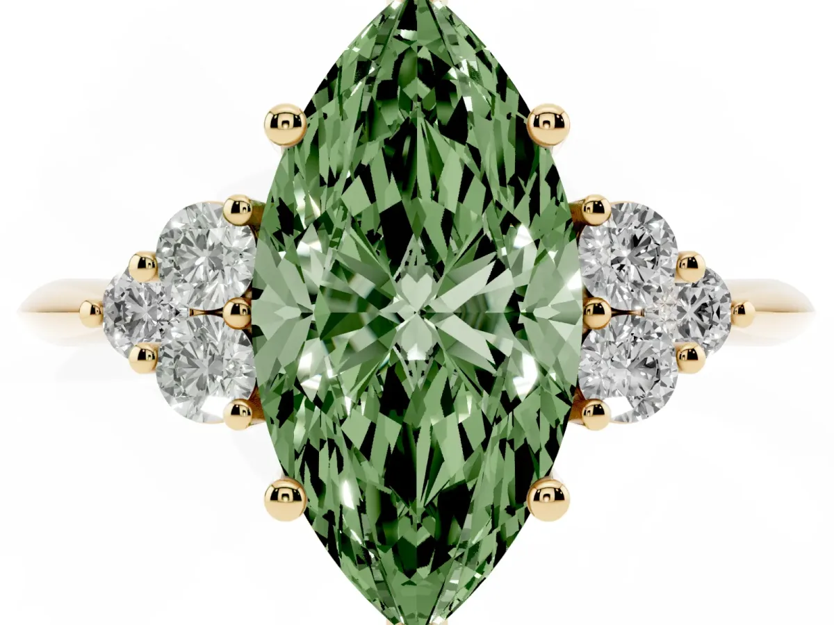 Fancy Green Marquise Cut Cut Diamond Cluster Ring with Solitaire Band and Four-Prong Setting Yellow gold