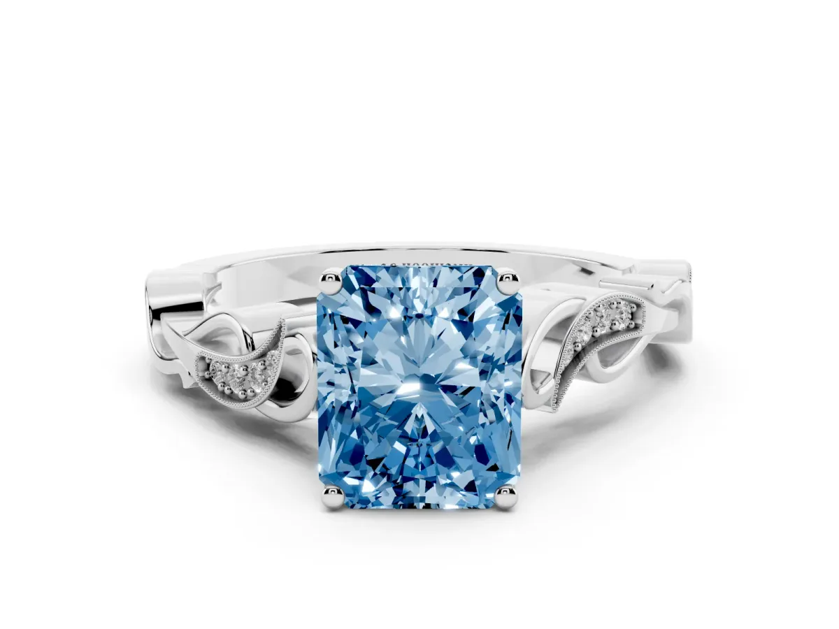 Fancy Blue Radiant Cut Solitaire Vine Band with Milgrain Prong Setting Platinum