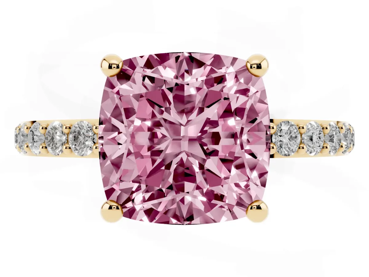 Fancy Pink Cushion Cut Diamond Solitaire Ring with Round Pavé Band and Prong Setting Yellow gold