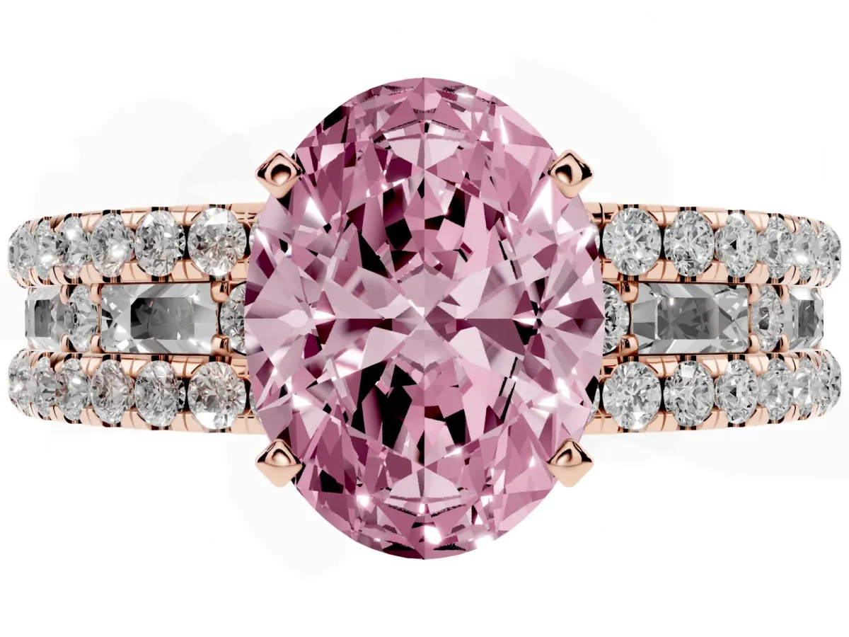 Fancy Pink Oval Cut Diamond Solitaire Ring with Pavé and Channel Set Band Rose gold