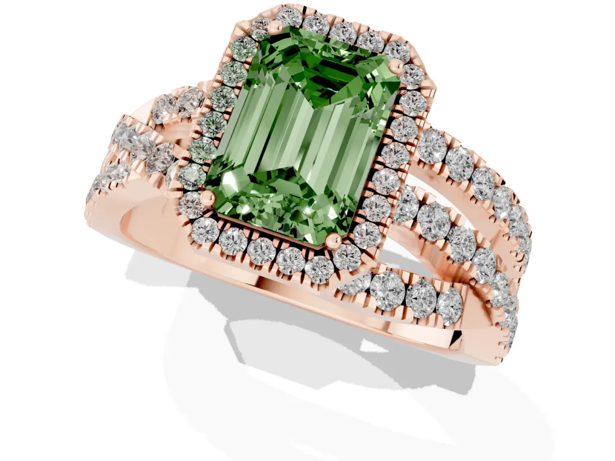 Fancy Green Emerald Cut Diamond Halo Ring with Round Split Shank and Prong Setting Rose gold