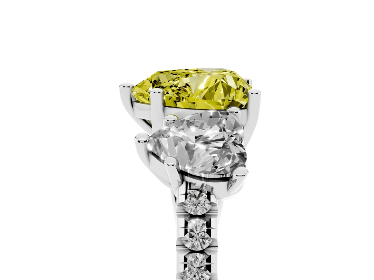 Fancy Yellow Three-Stone Heart Cut Diamond Ring with Round Pavé Band and Prong Setting Silver