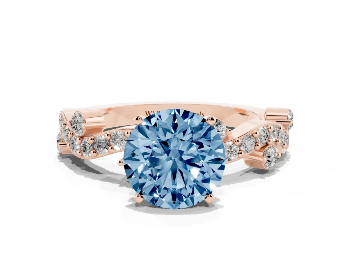 Fancy Blue Round Cut Cut Solitaire Diamond Twisted Band with Pave Setting Rose gold