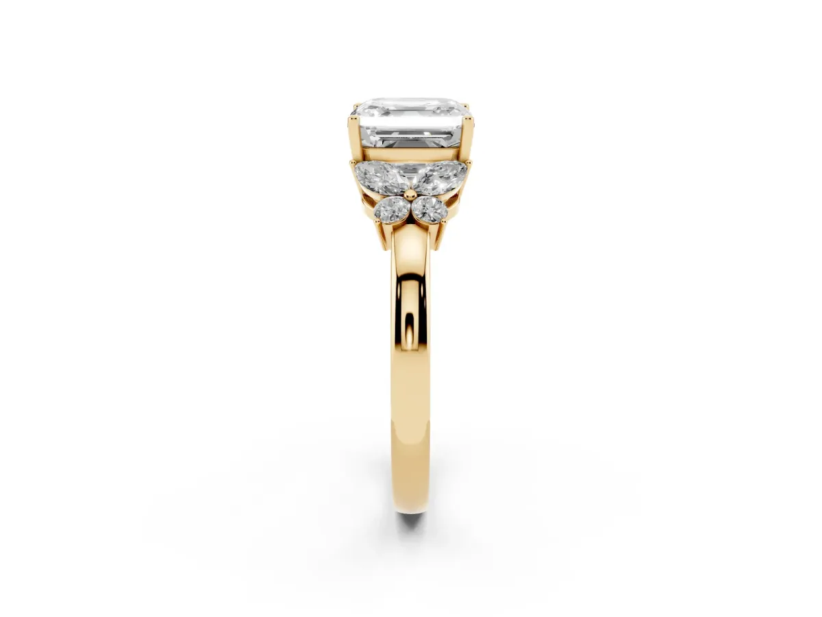 Asscher Cut Cut Solitaire Floral Diamond Ring with Four-Prong Setting Yellow gold