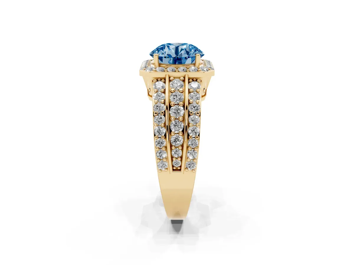 Fancy Blue Round Cut Halo Diamond Ring with Round Split Shank and Prong Setting Yellow gold
