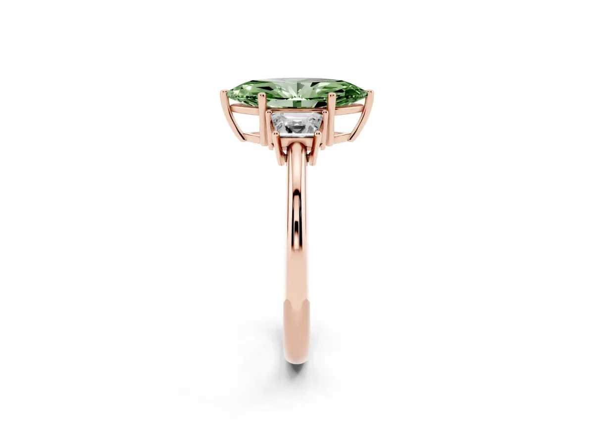Fancy Green Marquise Cut Diamond Three-Stone Ring with Trapezoid Side Stones and Prong Setting Rose gold