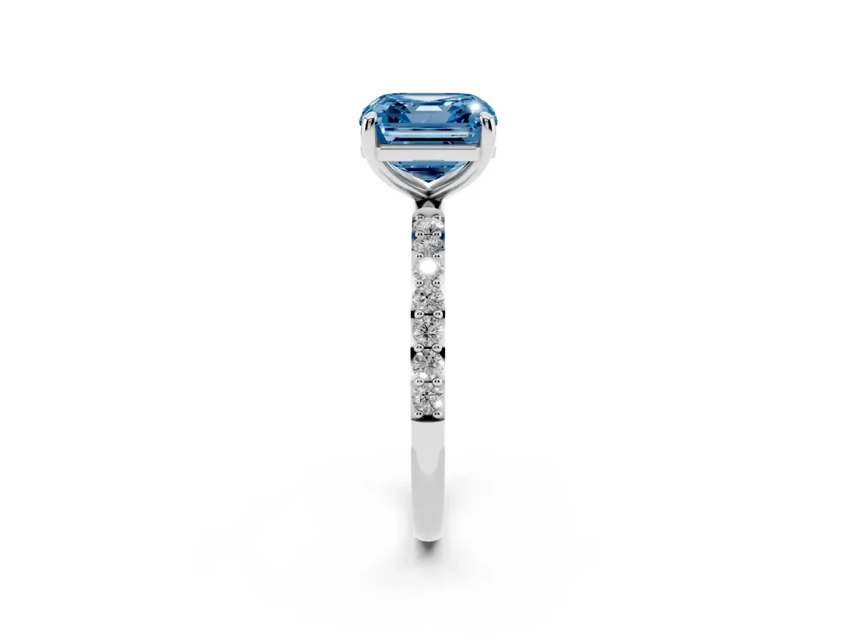 Fancy Blue Asscher Cut Diamond Solitaire Ring with Round Pavé Band and Prong Setting Silver
