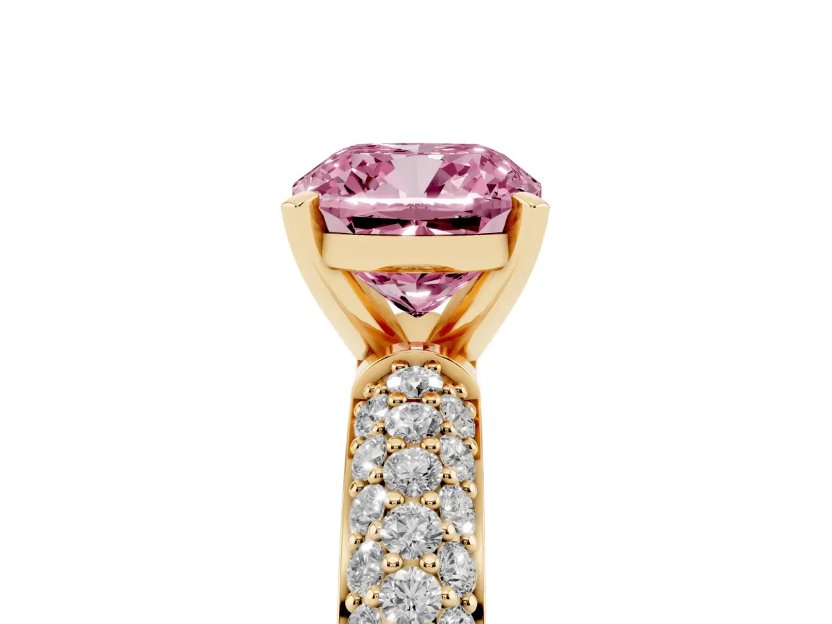Fancy Pink Cushion Cut Diamond Solitaire Ring with Prong Setting and Pavé Band Yellow gold