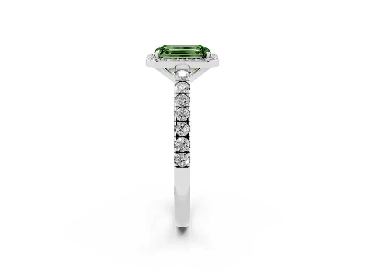 Fancy Green Emerald Cut Cut Halo Diamond Engagement Ring with Pave Band and Four-Prong Setting Platinum