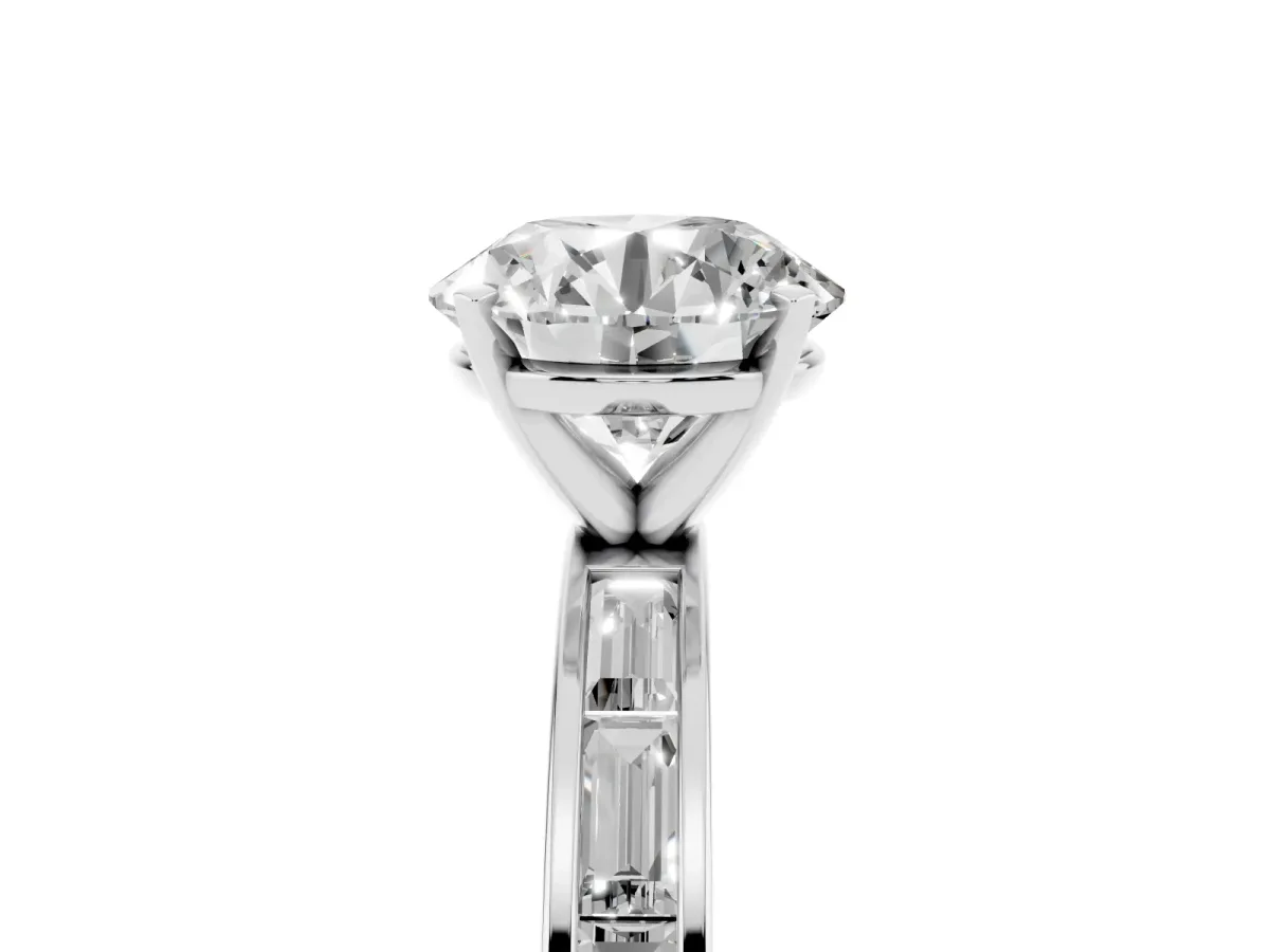 Round Cut Solitaire Diamond Ring with Channel-Set Baguette Band and Four-Prong Setting White gold