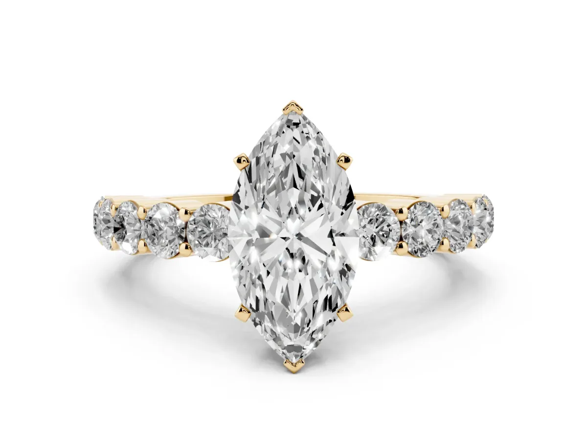 Marquise Cut Diamond Solitaire Ring with Shared Prong Round Side Stones Yellow gold