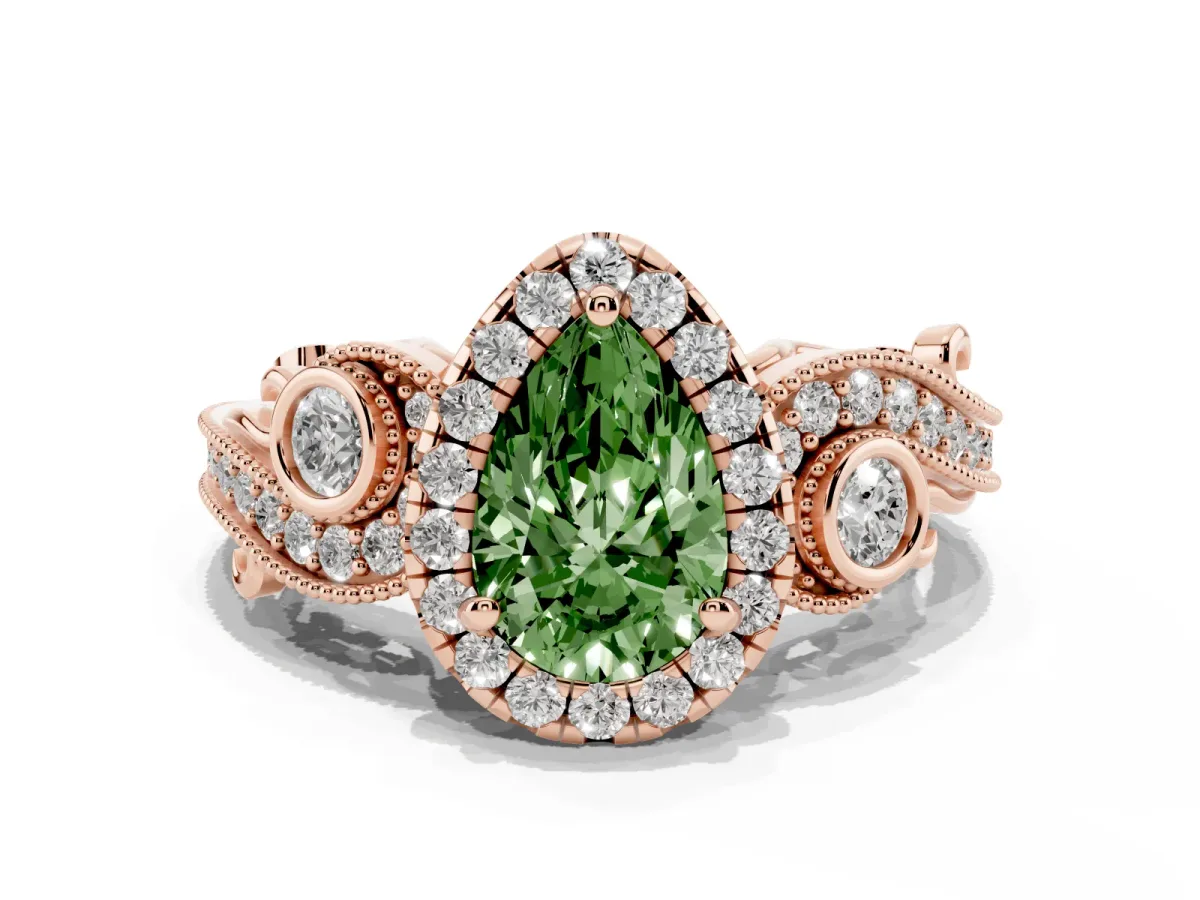Fancy Green Pear Cut Diamond Halo Ring with Milgrain Pavé Band and Four-Prong Setting Rose gold