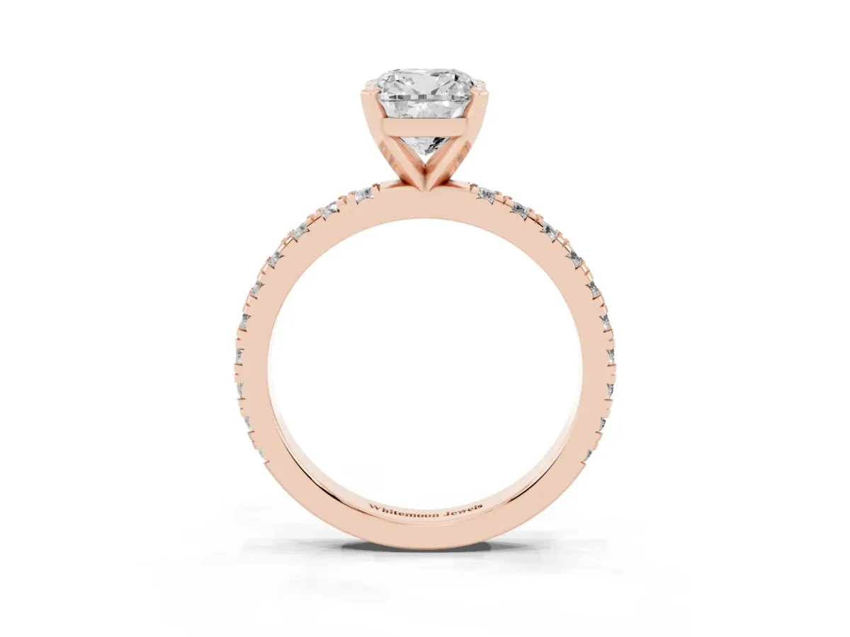 Cushion Cut Diamond Pavé Band Solitaire with Four-Prong Setting Rose gold