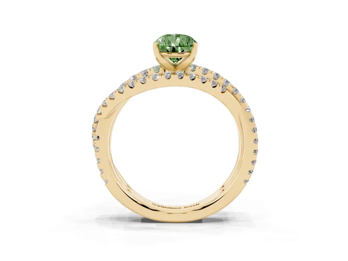 Fancy Green Pear Cut Solitaire Twist Band with Pavé Setting and Four-Prong Setting Yellow gold