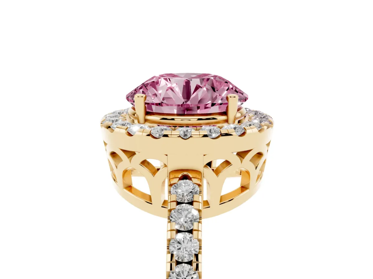 Fancy Pink Round Cut Halo Diamond Engagement Ring with Pavé Band and Four-Prong Setting Yellow gold