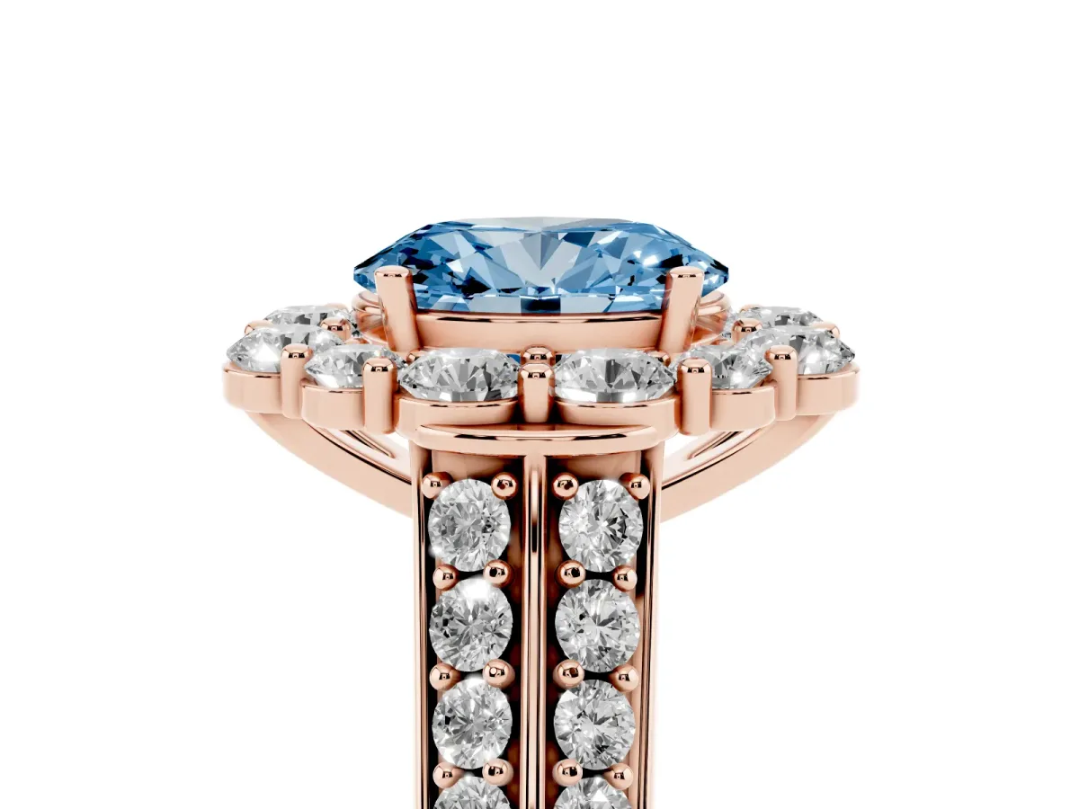 Fancy Blue Oval Cut Halo Diamond Engagement Ring with Split Shank and Prong Setting Rose gold