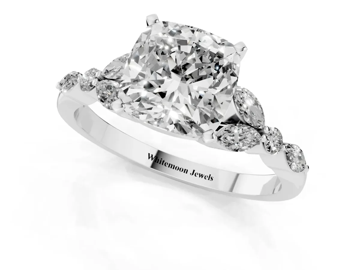 Cushion Cut Diamond Solitaire Ring with Side Stones and Four-Prong Setting Silver