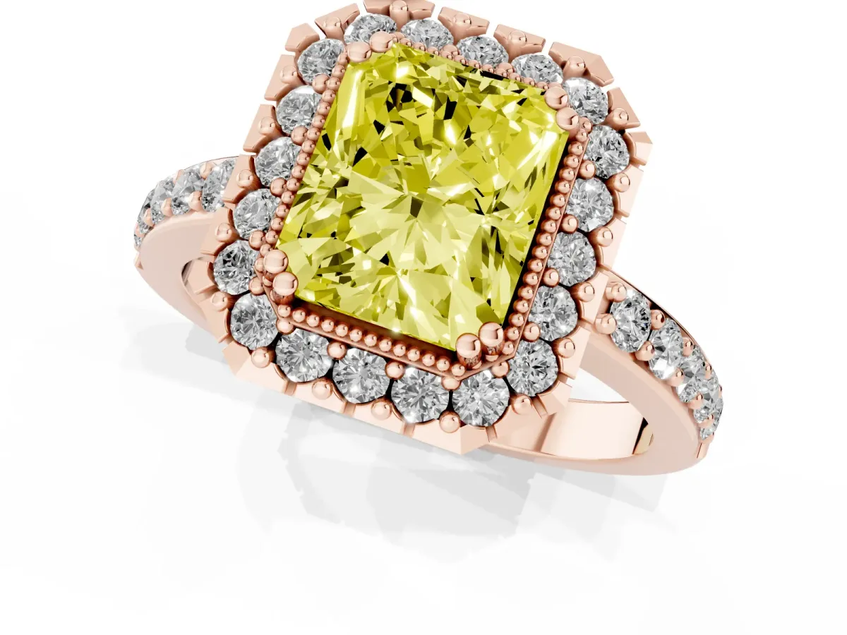 Fancy Yellow Radiant Cut Diamond Halo Ring with Pavé Band and Prong Setting Rose gold