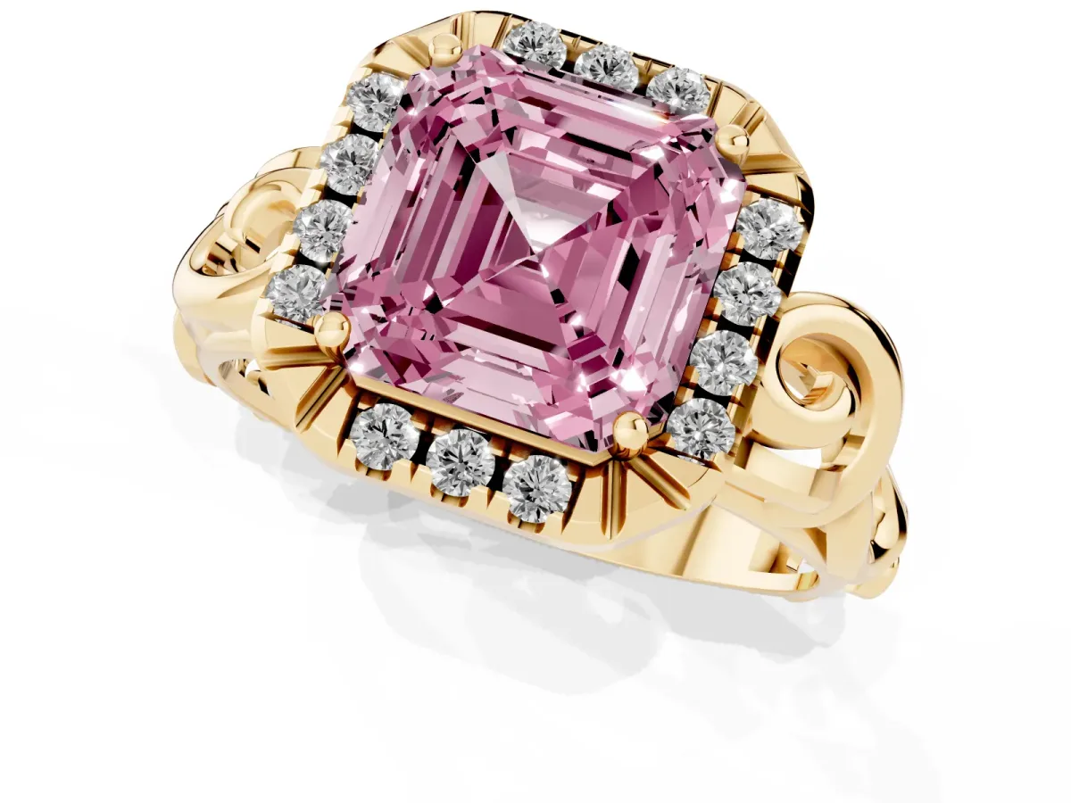 Fancy Pink Asscher Cut Cut Halo Diamond Ring with Scrollwork Band and Four-Prong Setting Yellow gold
