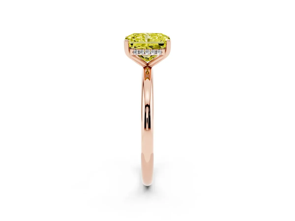 Fancy Yellow Radiant Cut Cut Solitaire Engagement Ring with Four-Prong Setting and Classic Band Rose gold