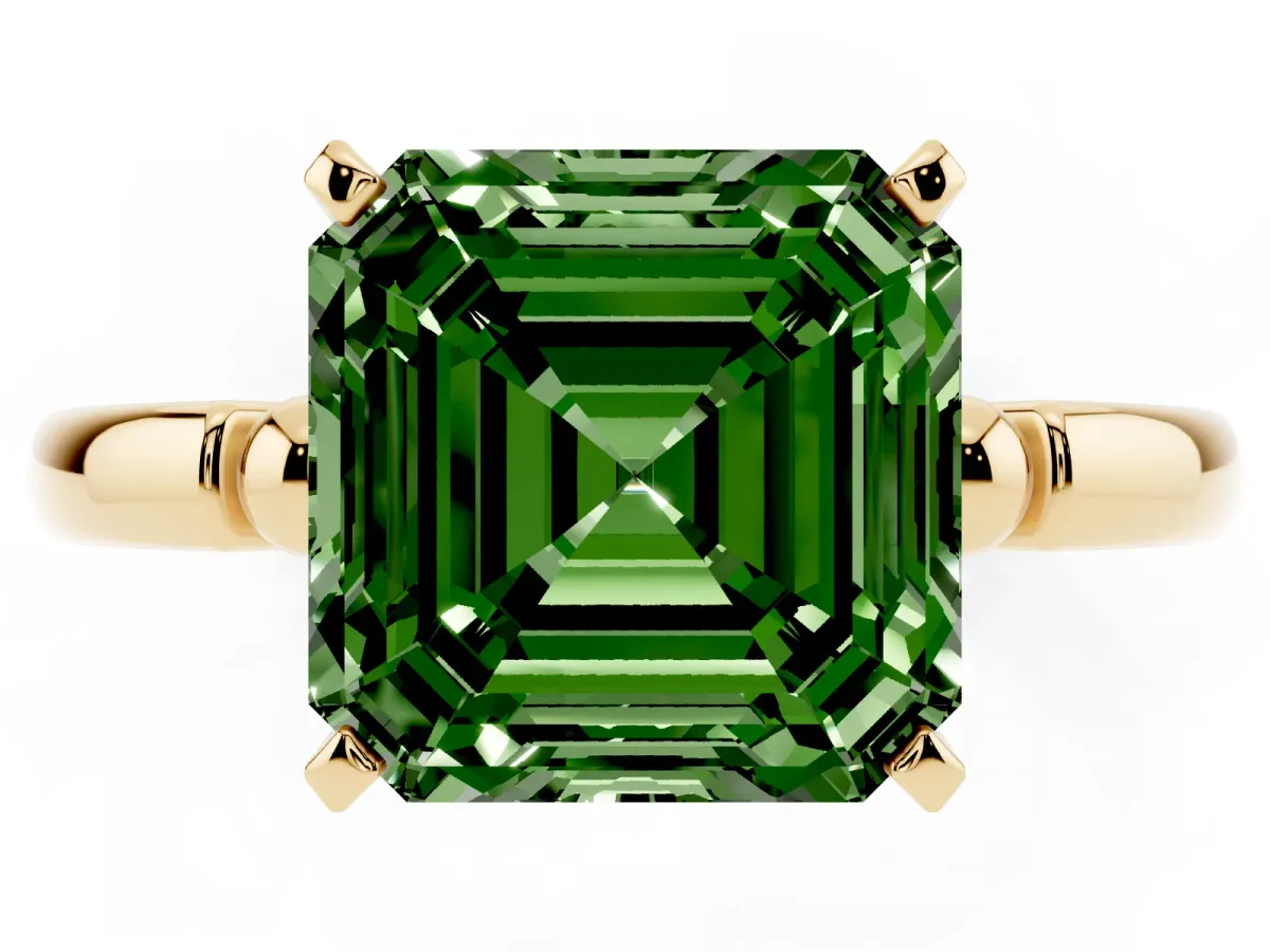 Fancy Green Asscher Cut Solitaire Beaded Band with Four-Prong Setting Yellow gold