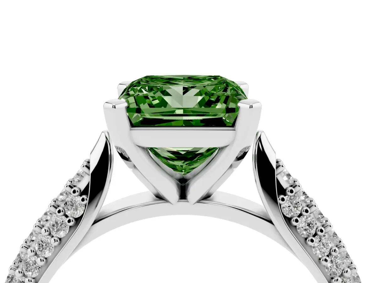 Fancy Green Princess Cut Diamond Solitaire Engagement Ring with Multi-Row Round Pavé Band and Prong Setting Platinum