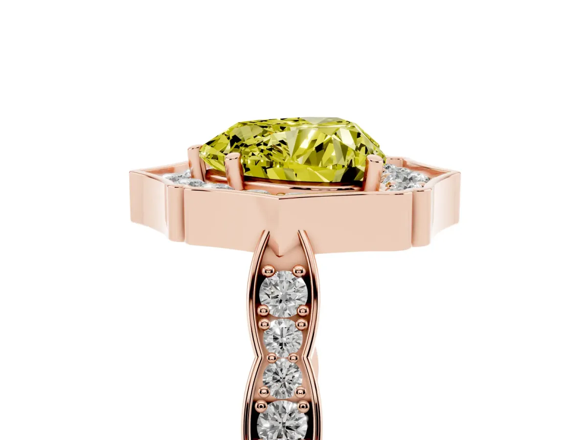 Fancy Yellow Heart Cut Halo Diamond Engagement Ring with Milgrain Band and Four-Prong Setting Rose gold