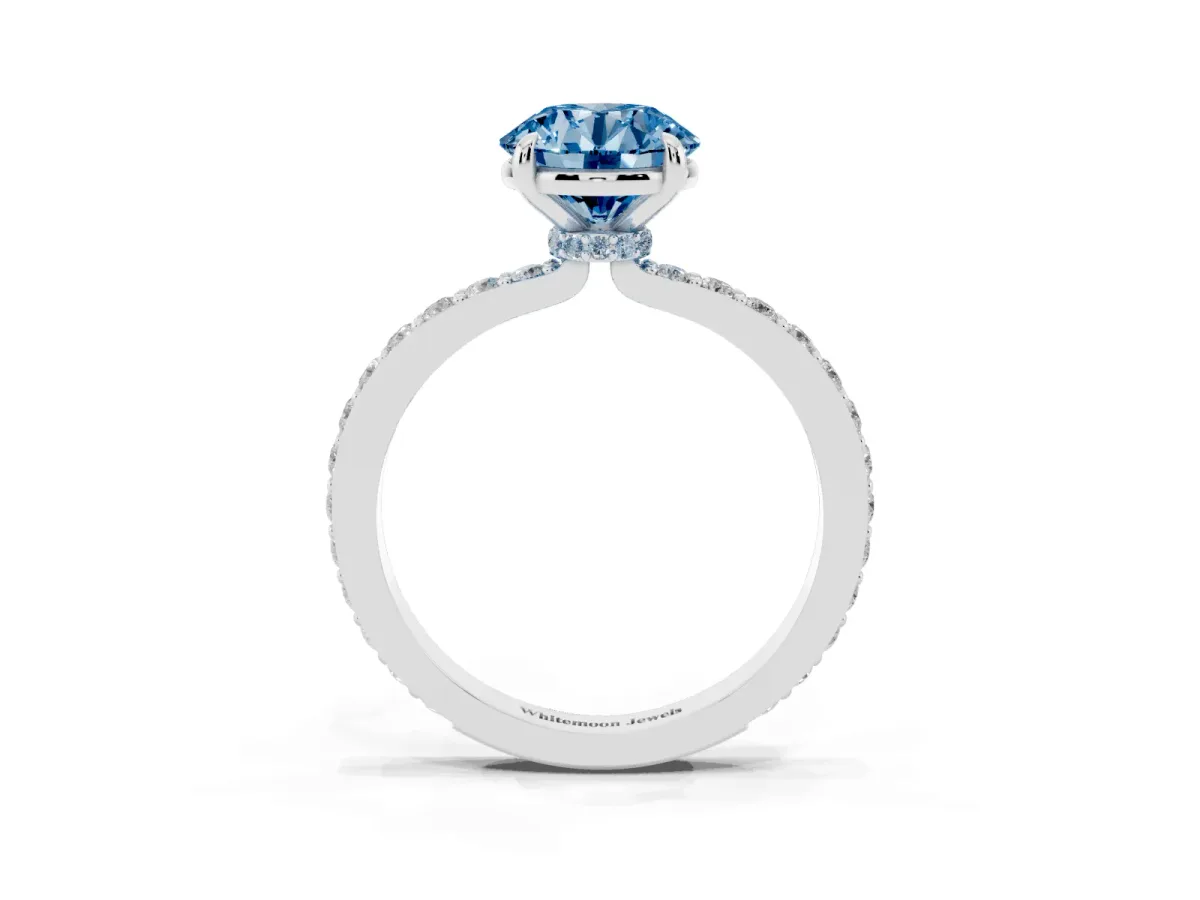 Fancy Blue Round Cut Diamond Pavé Engagement Ring with Round Accents and Prong Setting Silver