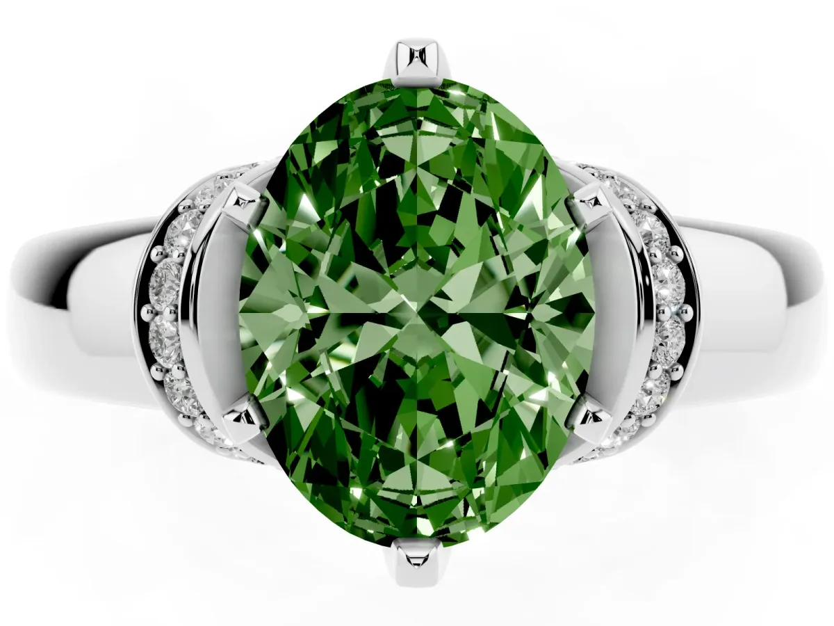 Fancy Green Oval Cut Solitaire Diamond Ring with Pave Band and Six-Prong Setting Silver