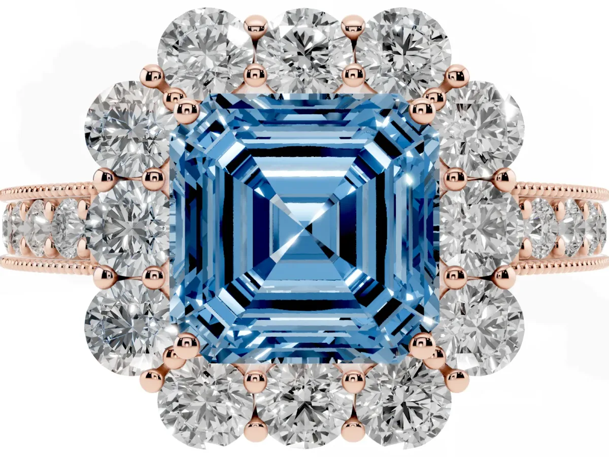 Fancy Blue Asscher Cut Cut Halo Diamond Pavé Engagement Ring with Milgrain Detailing Rose gold