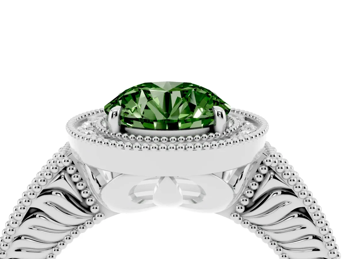 Fancy Green Round Cut Cut Halo Diamond Ring with Pavé Band and Four-Prong Setting Platinum