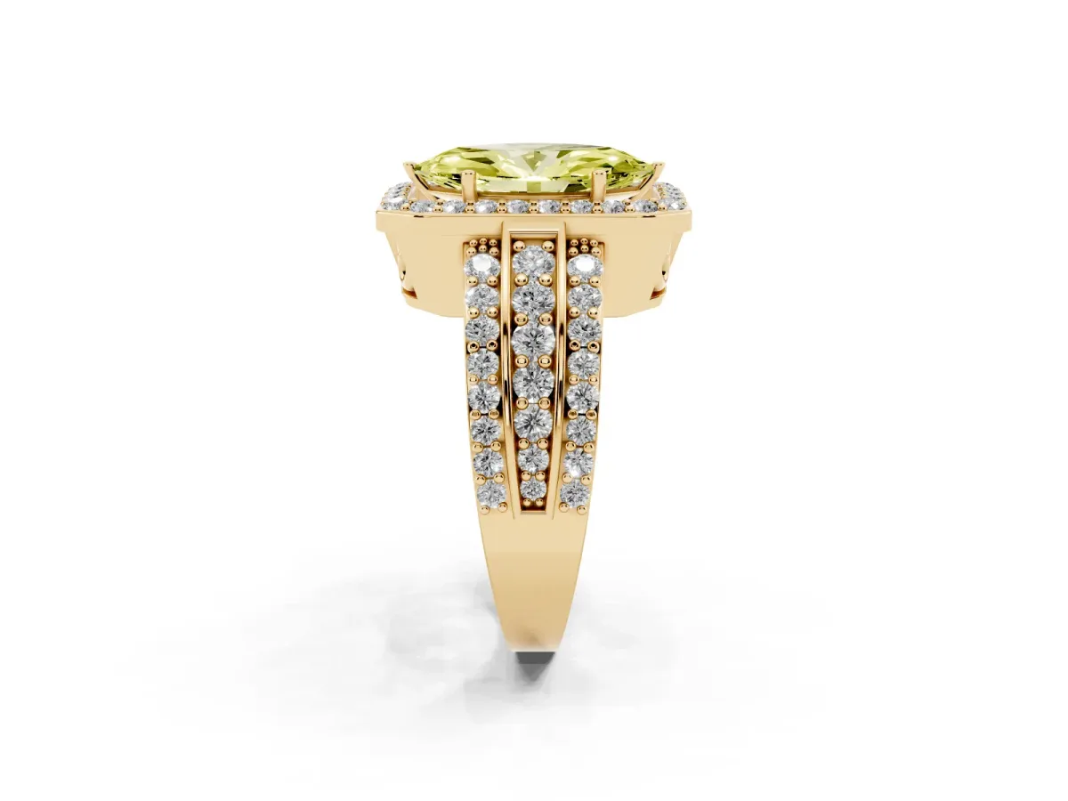 Fancy Yellow Marquise Cut Halo Diamond Ring with Round Split Shank and Prong Setting Yellow gold