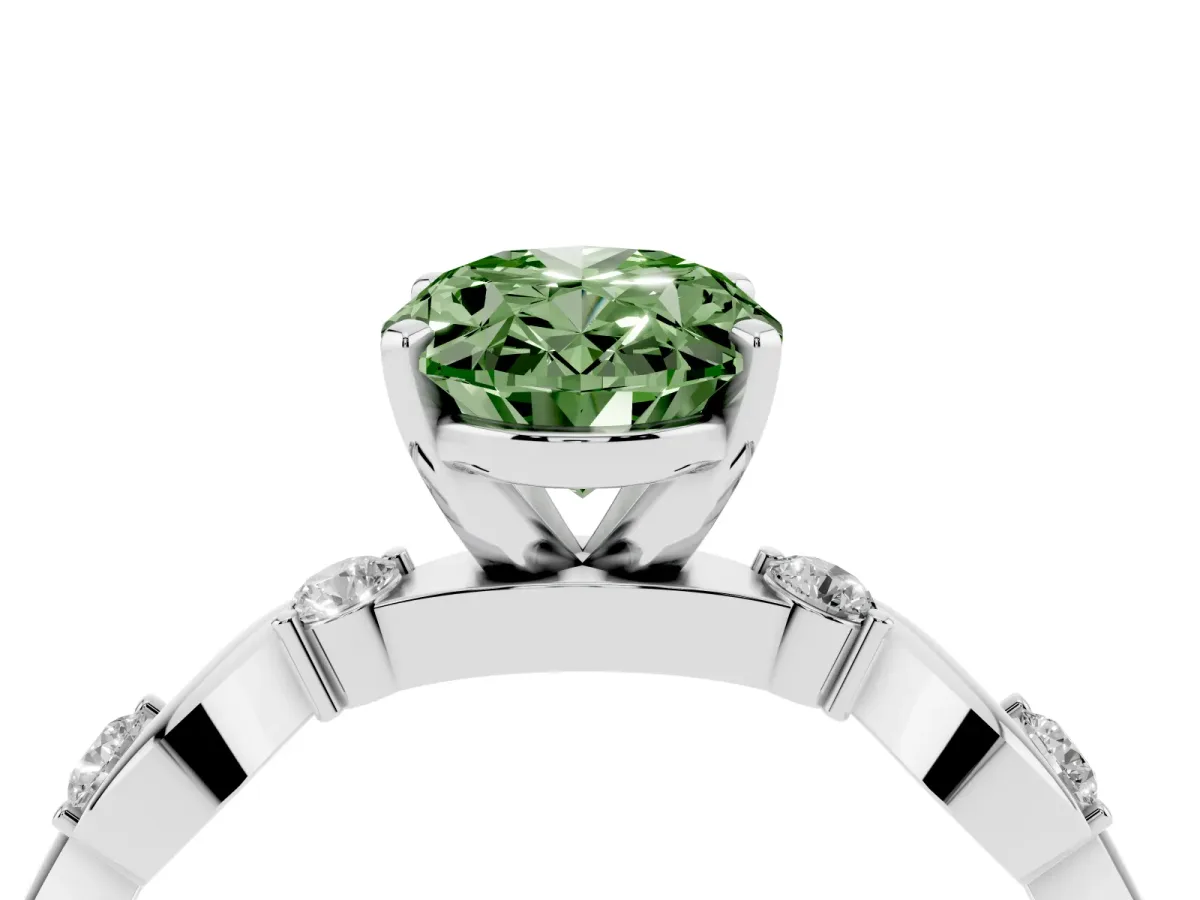Fancy Green Oval Cut Diamond Solitaire Twisted Band with Round Accents and Prong Setting Silver